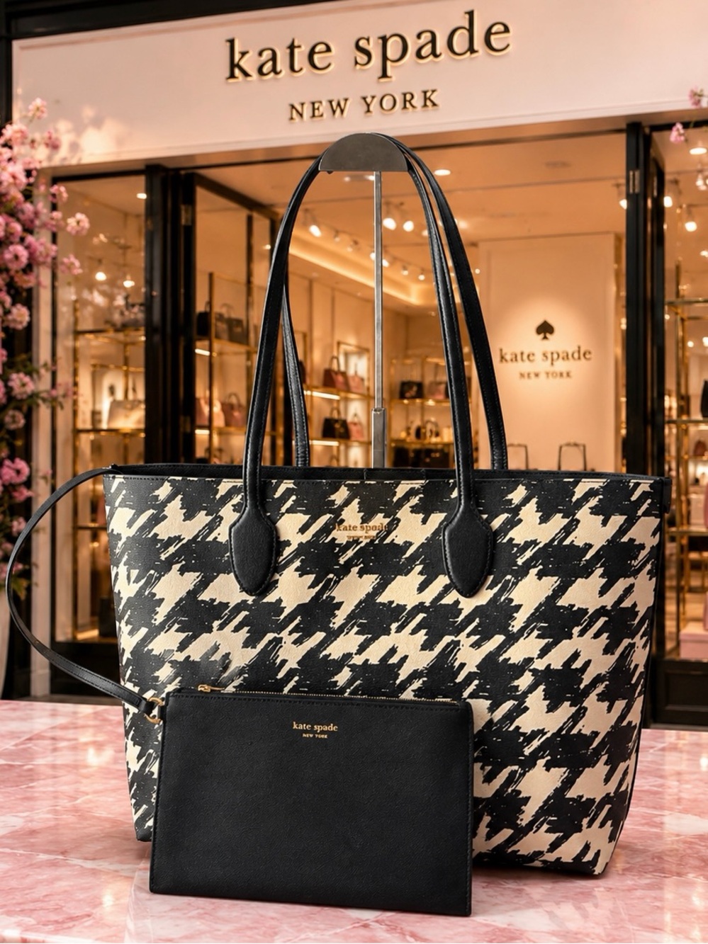 Kate Spade New York Bleecker Painterly Houndstooth Lrge Tote Black/Cream w Pouch